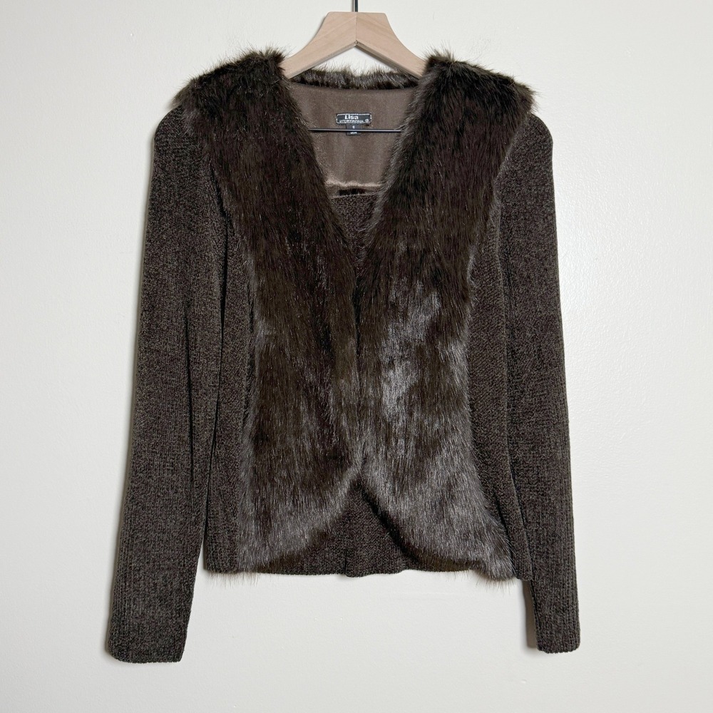 Lisa International VTG‎ Womens Faux Fur Cardigan Sweater S Brown Chenelle 90s